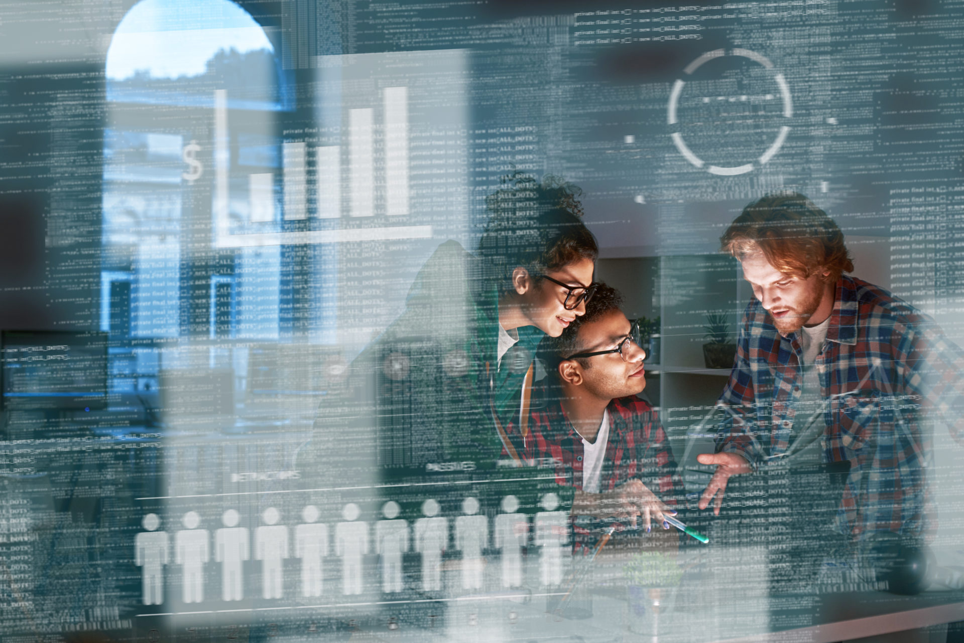 Three professionals looking at data on a computer