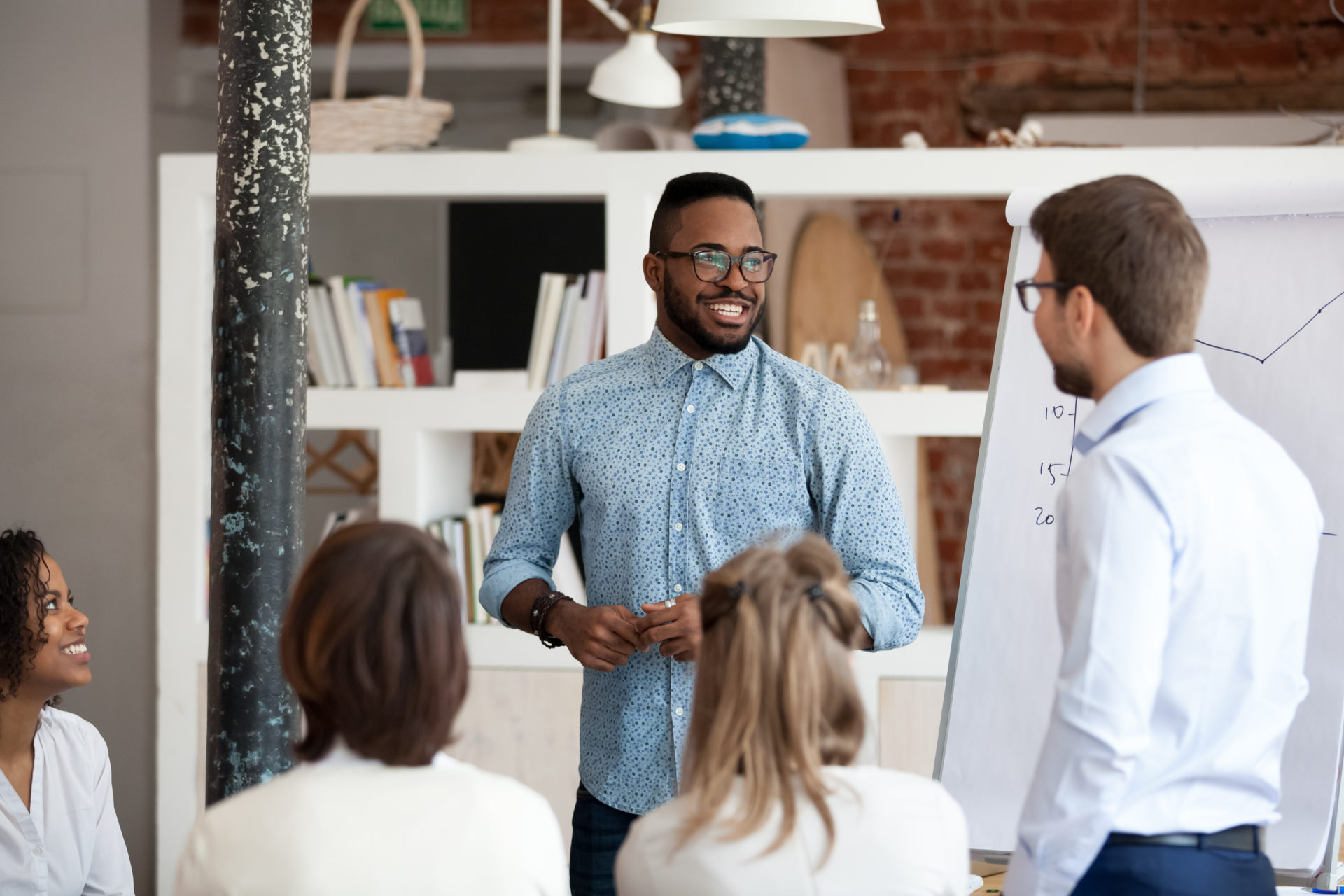 Business mentor giving a presentation to four employees