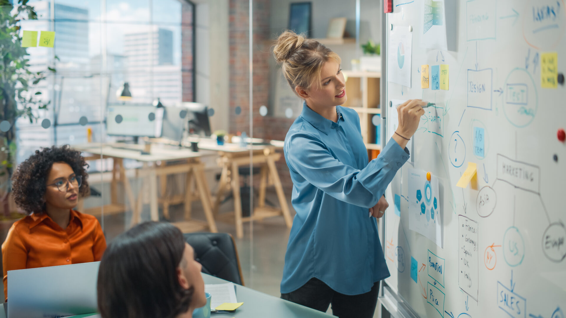 Female recruiting manager creating a recruitment flowchart on a whiteboard in a modern office with two recruiters sitting at a desk nearby