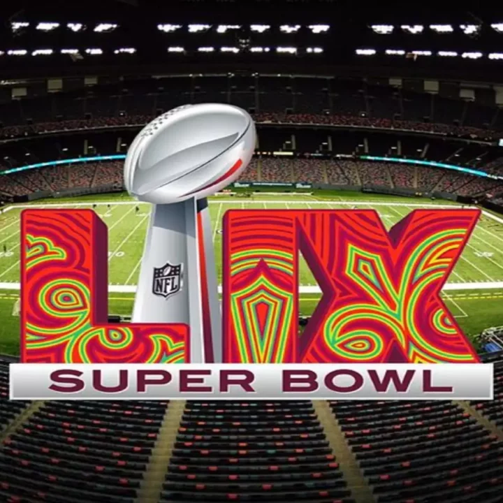 Super Bowl LIX logo with a football field background