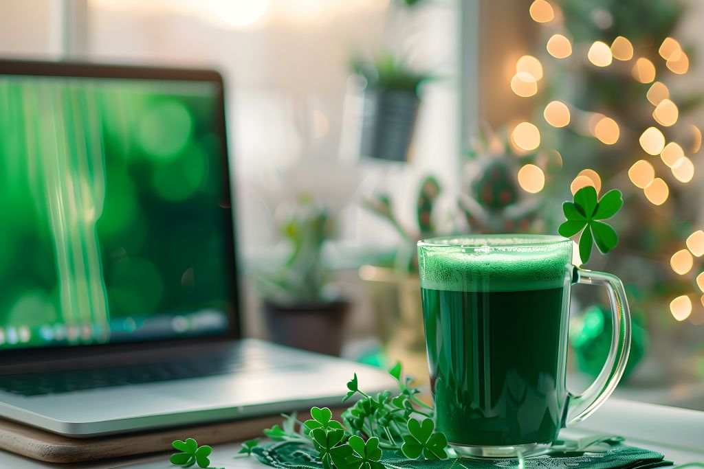 Green beer in a glass coffee mug surrounded by four leaf clovers in front of a laptop in a modern office