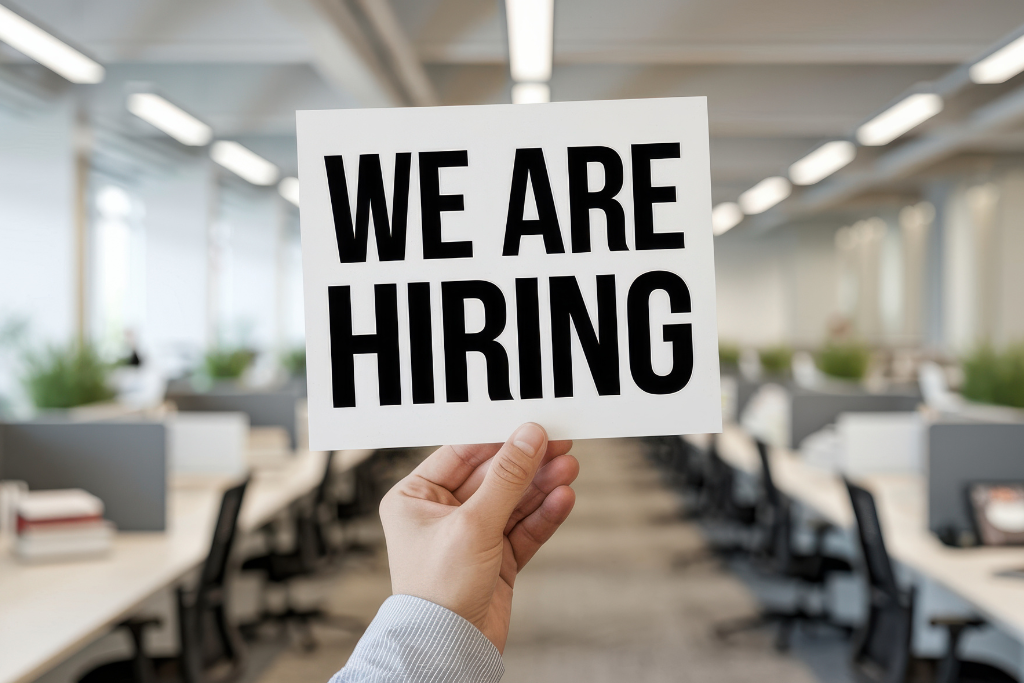 Close-up of a hand holding a sign that reads "We Are Hiring" in bold black letters, with a modern office space featuring desks and chairs blurred in the background.